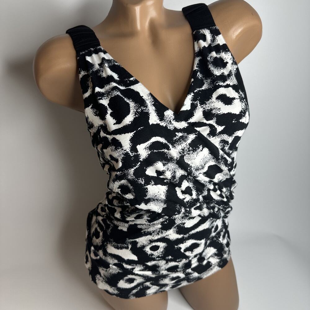 Nic + Zoe Womens Medium Black White Abstract Print Sleeveless Top 60s Vibes Glam